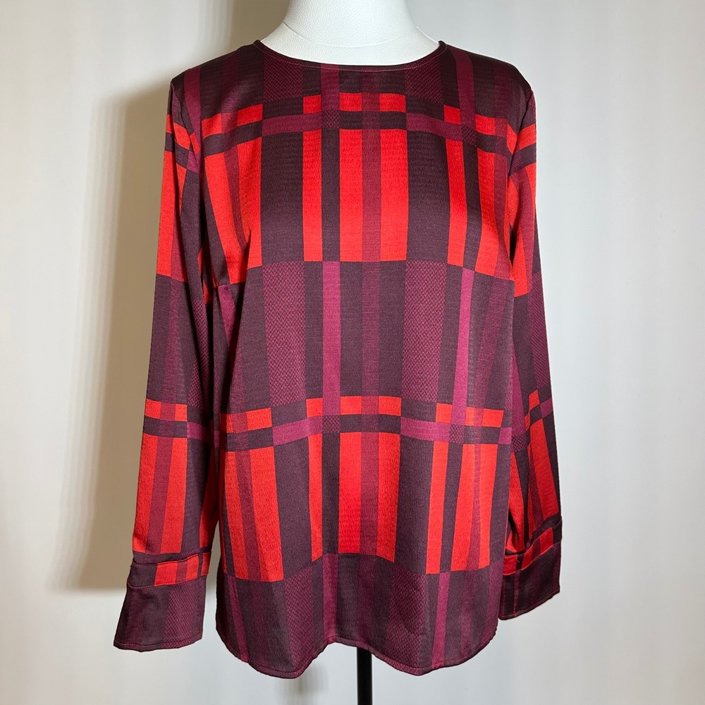 NWT Liz Claiborne Red Burgundy Plaid Satin Long Sleeve Blouse Womens Petite PL